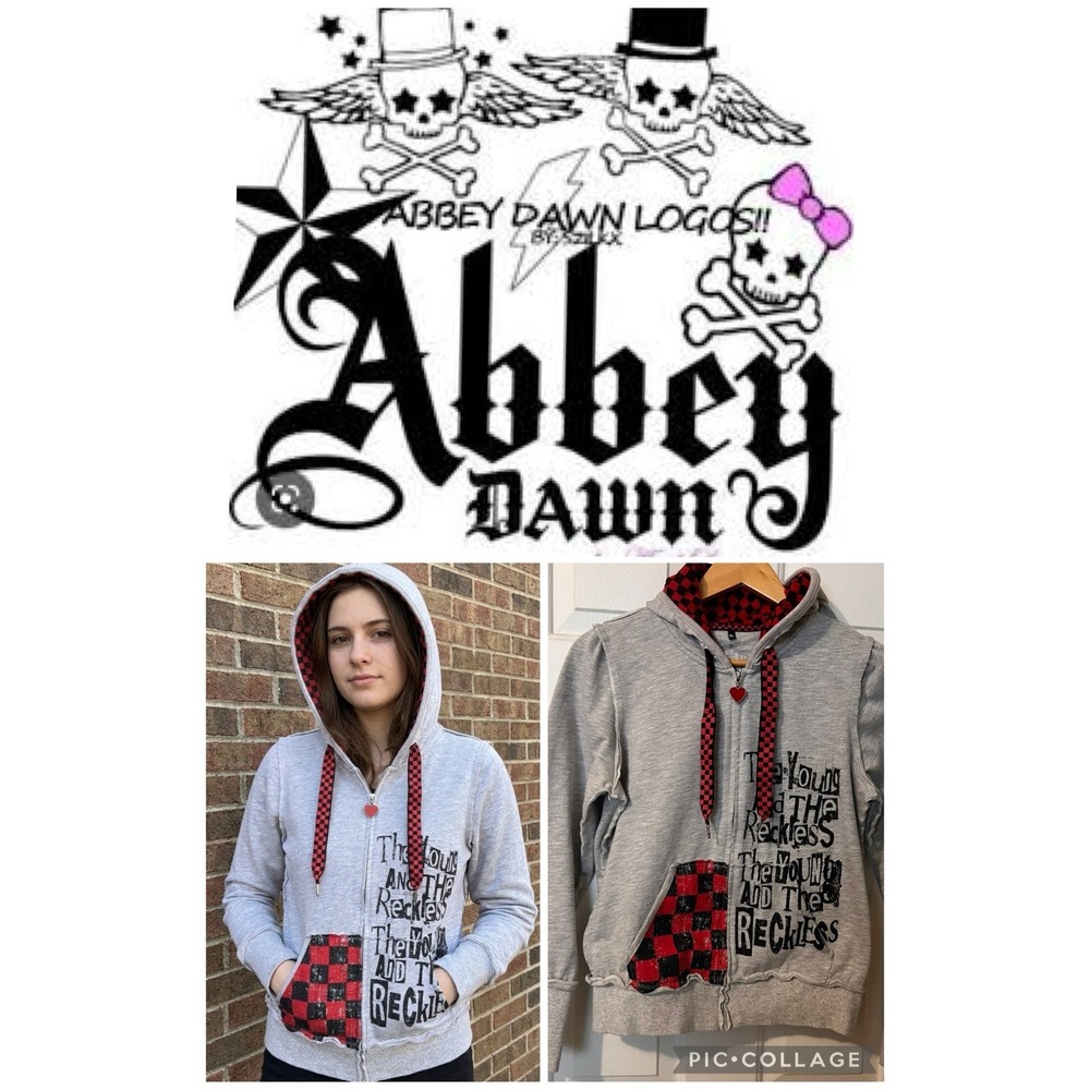 Y2K Abbey Dawn Avril Lavigne Young Reckless Gray Checkered Zip Hoodie Kids XL